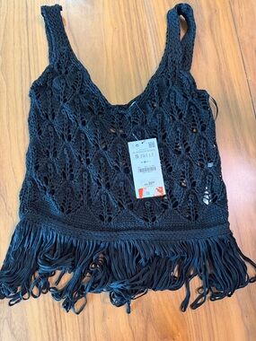 Zara Black Crochet Fringe Tank Top